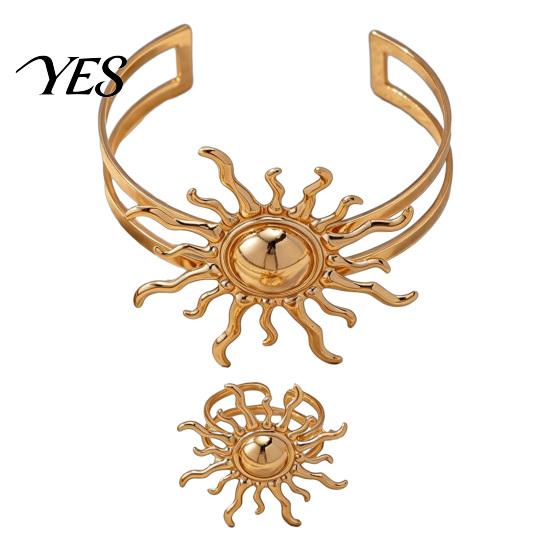 Golden Plated Jewelry Set 2Pcs Retro Sun Bangle Ring Set, Open Adjustable Cuff Bracelet & Ring, Statement Hand for Women