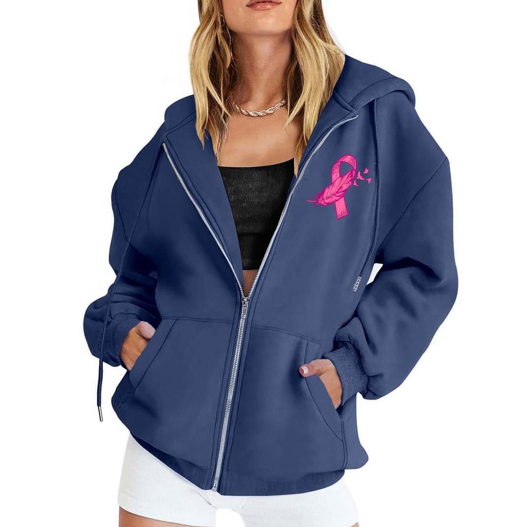 Women's Breast Sweatshirt Ribbon Breast Long Sleeve Hooded Pocket Casual Sweatshirt Jacket
