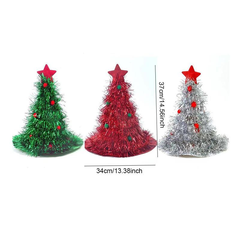 1pc Christmas Tree Shape Hat Red/Green/Silvery Adults Kids Funny Santa Hat with Tinsel Xmas Holiday Party Costume New Year Decor