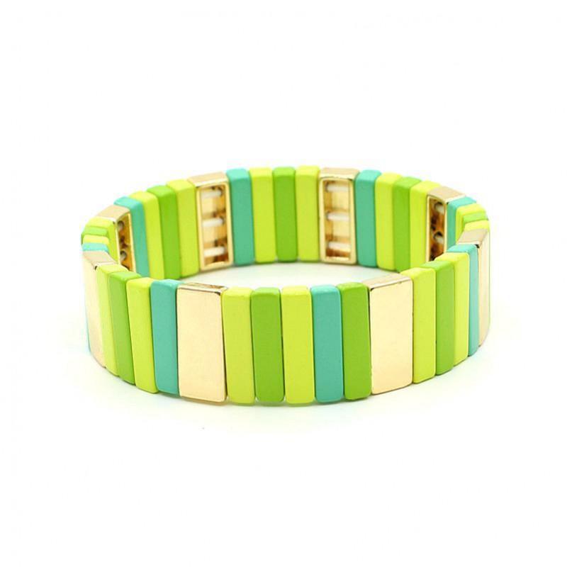 Geometric Enamel Bracelet With Rainbow Color Blocks Multi-Layer Stackable Boho Jewelry Travel Vacation Accessory