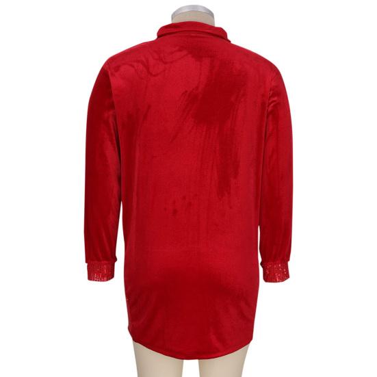 Damen Funkelndes Hemdblusenkleid Pailletten Samt Patchwork Langarm V-Ausschnitt Kleid Lässig Revers Locker Abendpartykleid