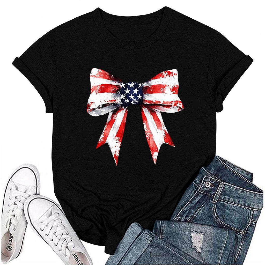 Adults Casual Daily Round Neck Independence Day Printed Short Sleeved T-shirt Letter Top