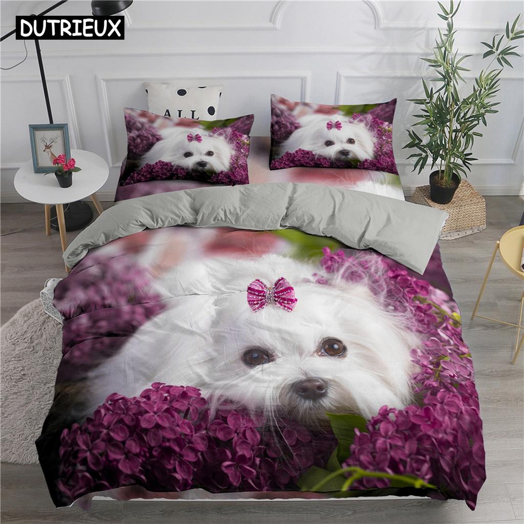 Lovely White Dogs Bedding Set Animal Fashion 3D Print Comforter Luxury Queen King Single Size Duvet Cover Set Home Textile Decor