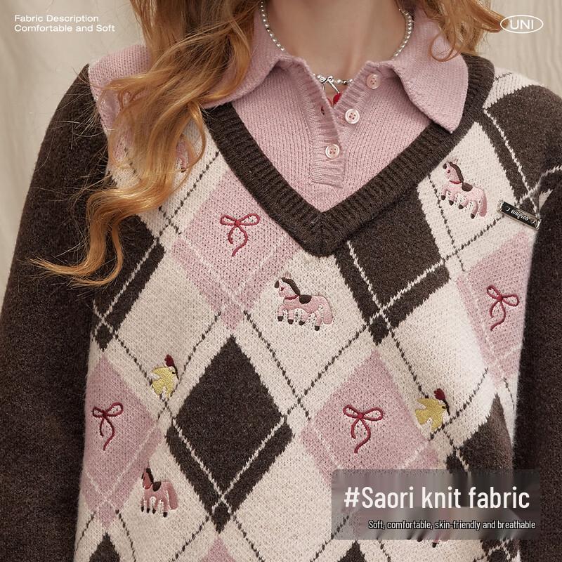 UNIFREE Women's Faux Two-Piece Plaid Knit Sweater