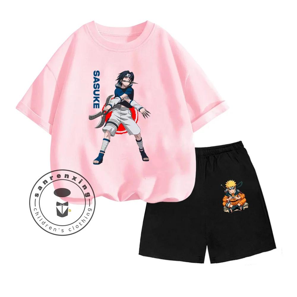 Unique NARUTO Animated Cartoon Character Vertical Print Design O-neck Skin-friendly Short Sleeve and Shorts Kids Two-piece Set