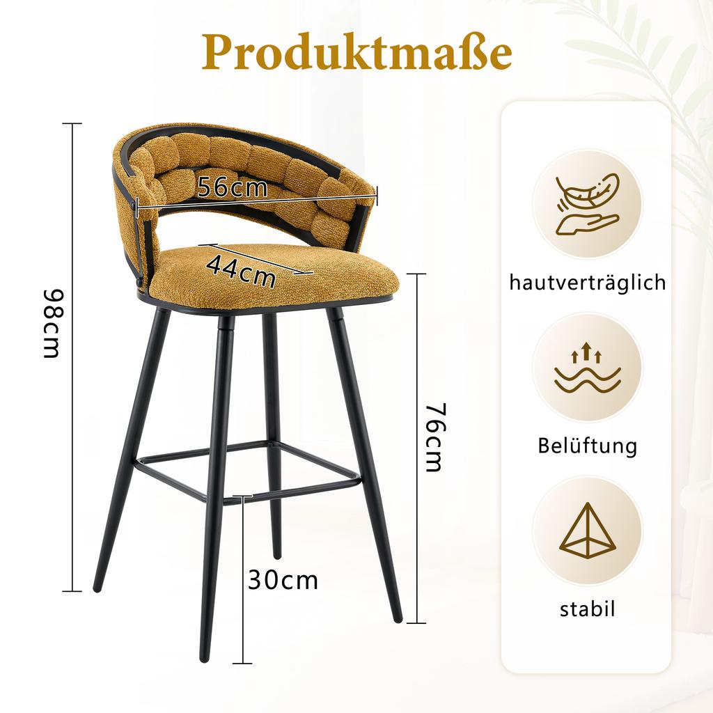 Set aus 2 gelben Samt-Vorhangstühlen mit schwarzen Eisenbeinen, moderne Barhocker für den Heimbereich der Hausbar
