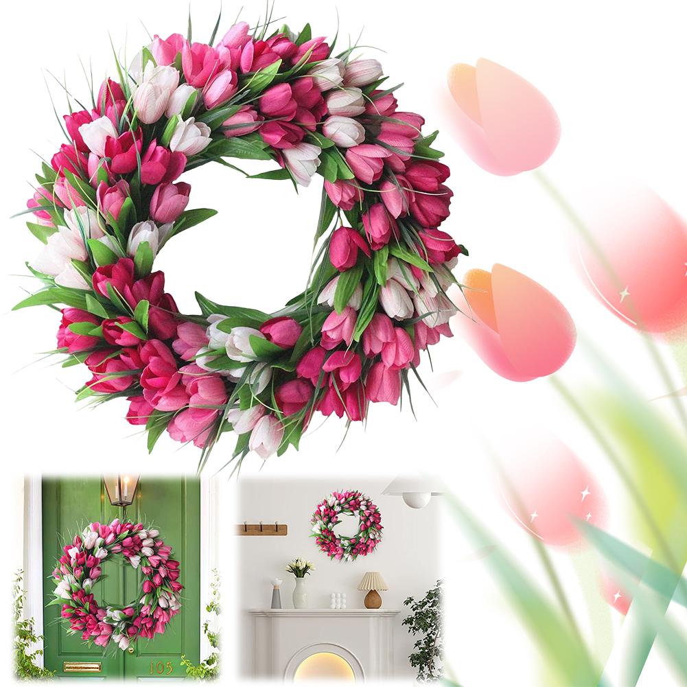 15.7inch Spring Wreath Artificial Flower Wreath with Tulips Mothers Day Valentine's Wreaths for Wall Window Party Wedding Decor
