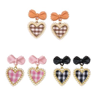 Koreanische Schleifen-Hängeohrringe für Damen Liebe Gitter Perlen-Herz-Ohrringe Stilvoller Ohrschmuck Ohrhänger Schmuckornament