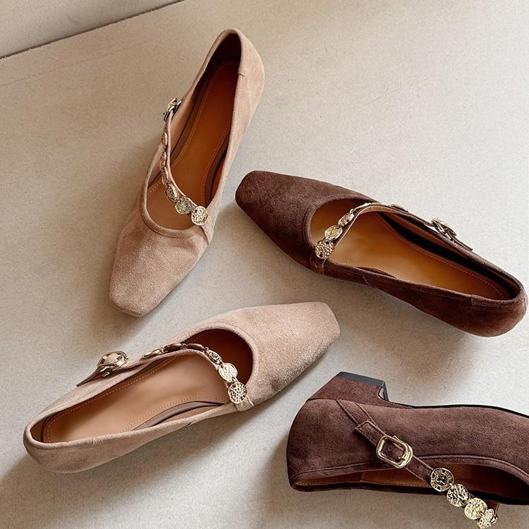 

Power Power Duobao shoes of the same style 2025 early spring new sheepskin low heel shallow mouth single shoes with Mary Jane shoes women 39 коричневый