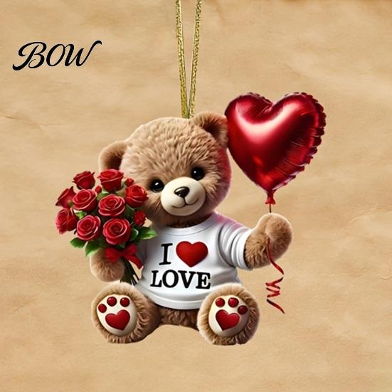 Small Romantic Keepsake Teddy Bear Hanging Ornament, Holding Heart Balloon Red Rose Bouquet Decoration, Car Rearview Mirror Accessory 2D Flat