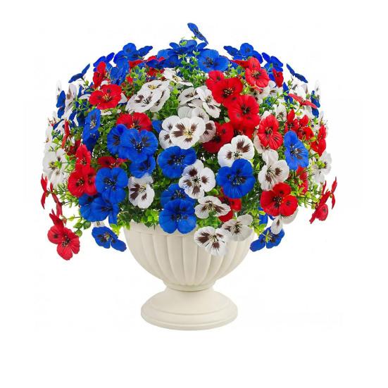 4th of July Artificial Pansy Flowers for Outdoor, UV Resistant Faux Silk Patriotic Flowers, Red Blue White Fake Flowers for Planter Front Door Porch