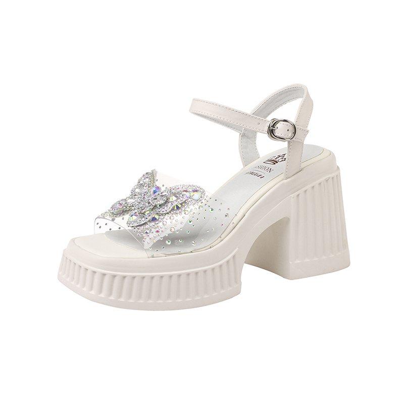 

Krazing Pot Летние прозрачные туфли из ПВХ с открытым носком на толстом высоком каблуке и пряжкой, повседневные женские сандалии с украшениями из кристаллов 35 слоновая кость