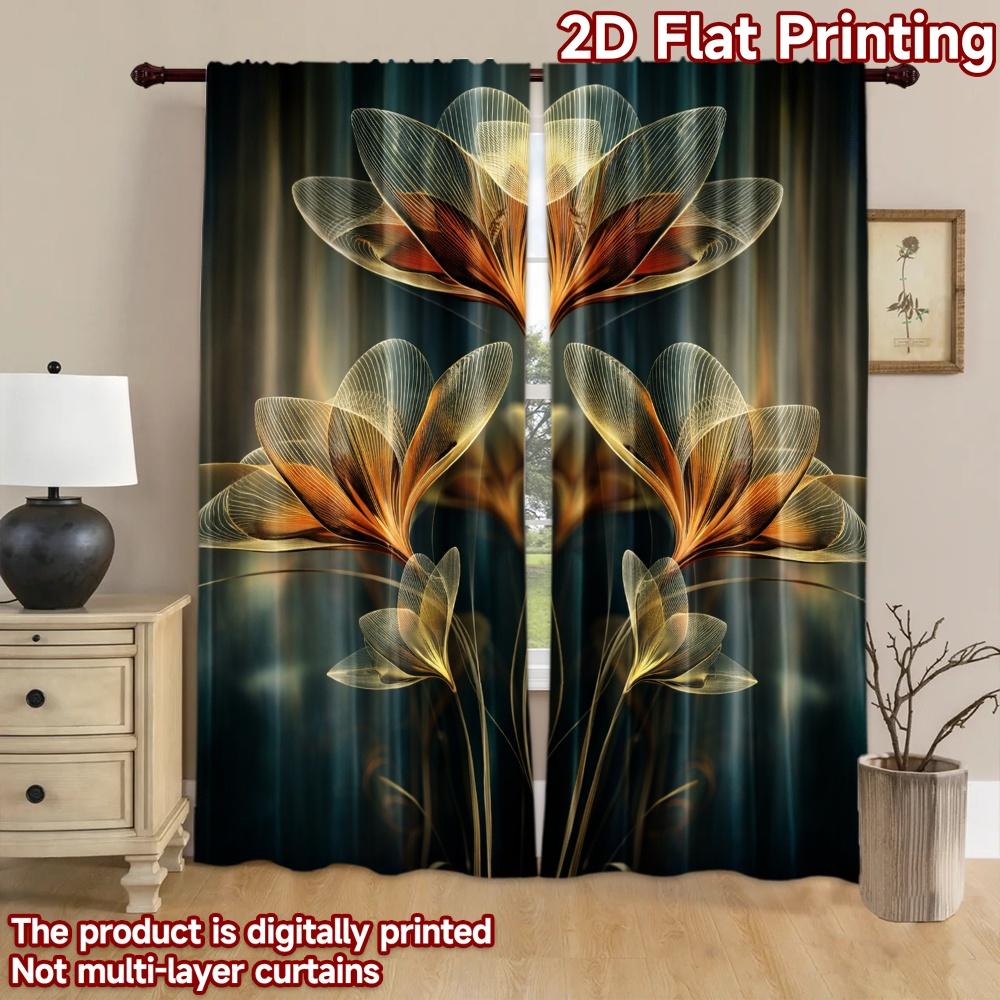 2D flat printing 2pcs Curtain Window Treatment Curtains Glowing Flowers Digital Printed Polyester Drapes Seasonal Party &