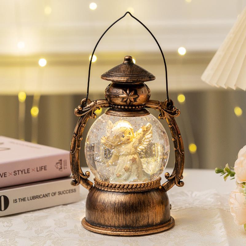 Retro Christmas Ornament: Crystal Ball Music Box & Oil Lamp Horse Decor