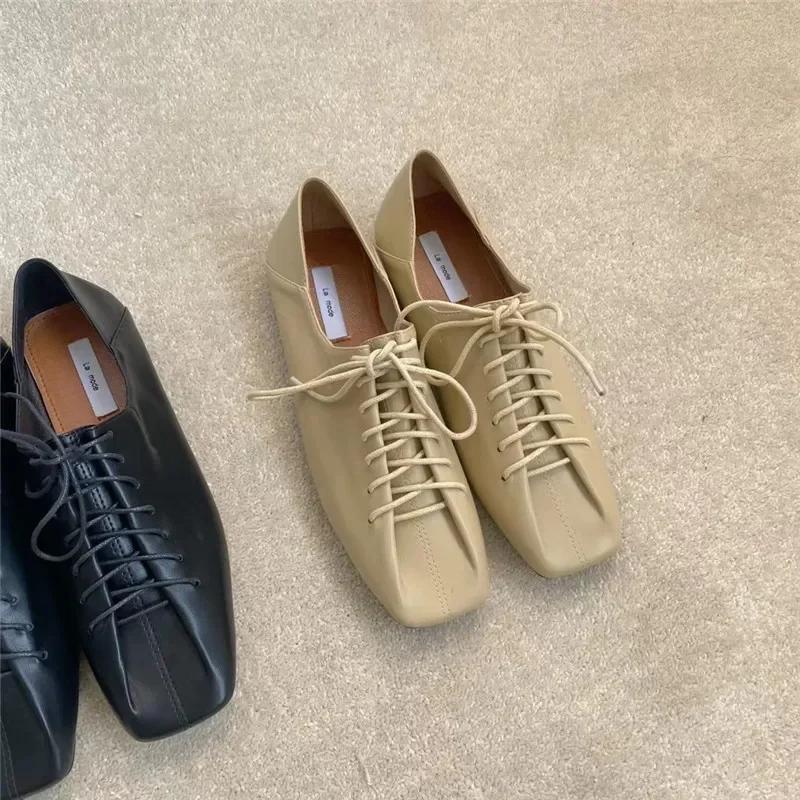 Retro Soft Sole Single Shoes Women Square Toe Lace-up Solid Colour Flats Lightweight Comfortable Loafers Femininos