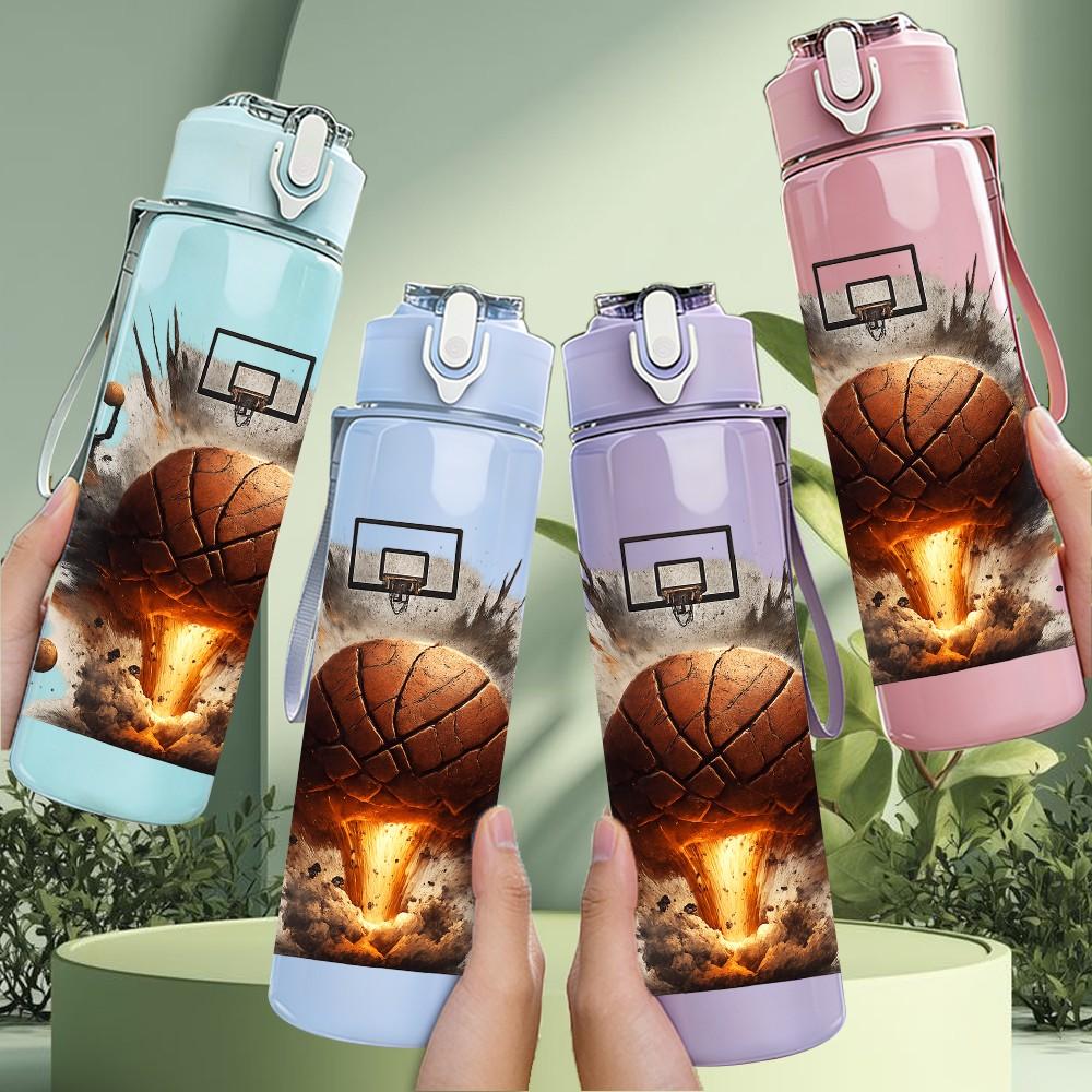 1PC Explosion Basketball Art Print 750ml Color Plastic Sports Water Bottle Leakproof Flip Straw Lid Suitable for Sports Office Home Use