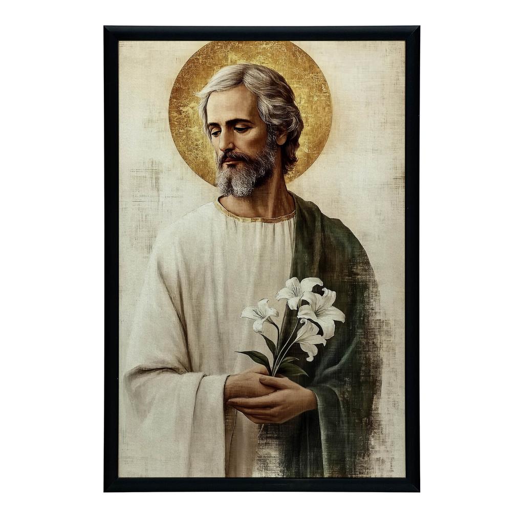 Święty Józef Z Bukietem Lilii Święty Józef Z Bukietem Lilii, 30X40 Cm, Rama Aluminiowa Złota, Papier Matowy 230 Gsm