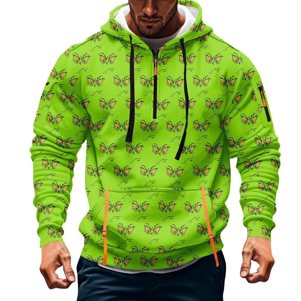 Men's Christmas Print Hooded Half-Zip Casual Sports Sweatshirt