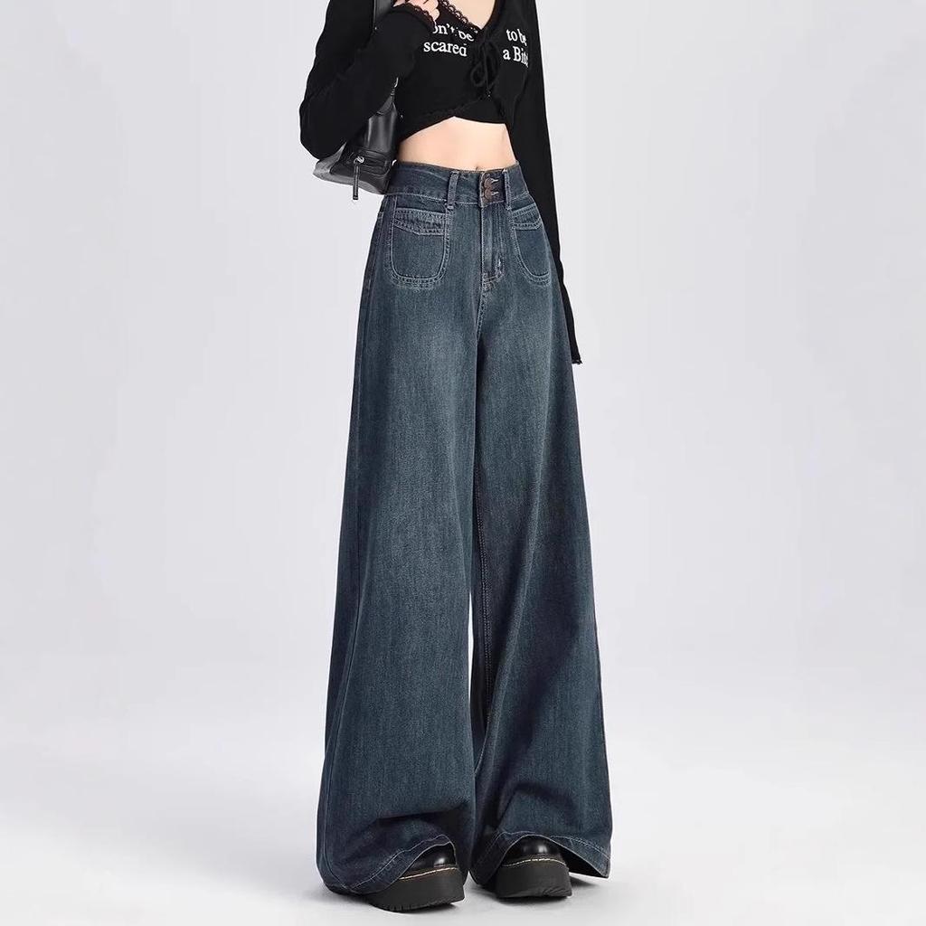Women's High-Waist Wide-Leg Dark Blue Jeans - Retro, Slimming, Floor-Length, Spring/Autumn 2025 Collection