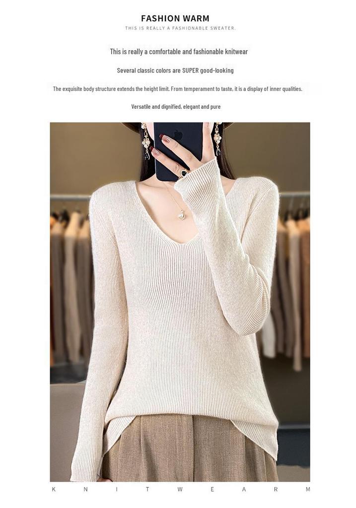 2024 Spring/Autumn Women's Slim Fit V-Neck Long Sleeve Knitwear - Korean Style Trendy Base Layer