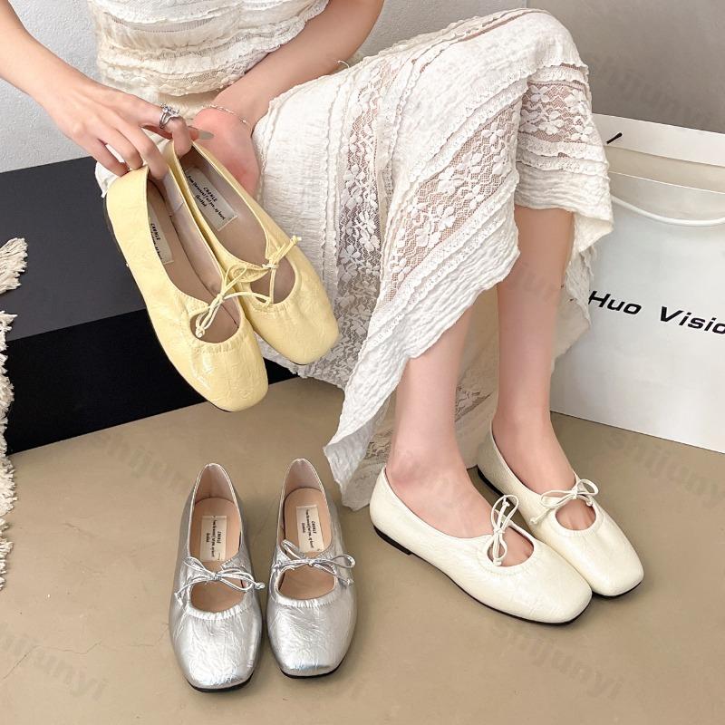 Fashion Women Ballet Flat Shoes 2025 Summer Square Toe Bow Women Loafers Shoes Lace Up Sandals Soft Casual Shoes Mujer De Zapatillas