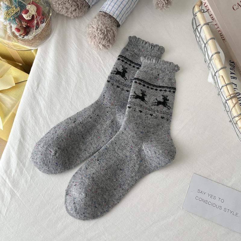 Fall/Winter Wool Socks - Fel Island Elk Warm Mid-Calf Socks - Bowknot Heart Retro Style Thick Socks - Children's
