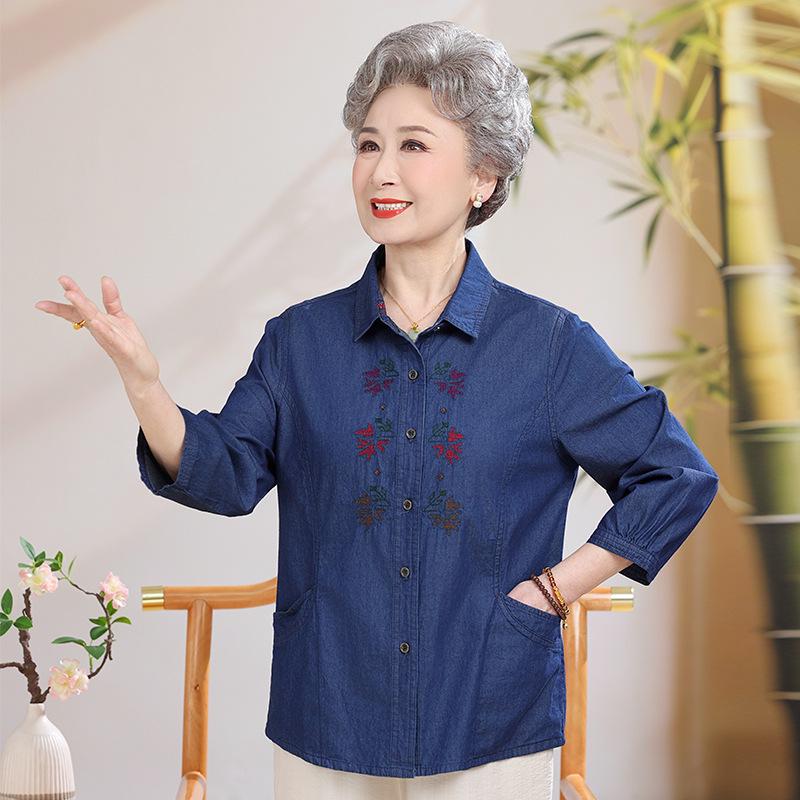 Seven-Sleeve Denim Shirt for Mid-Aged & Elderly Women, Spring/Summer Pure Cotton Top
