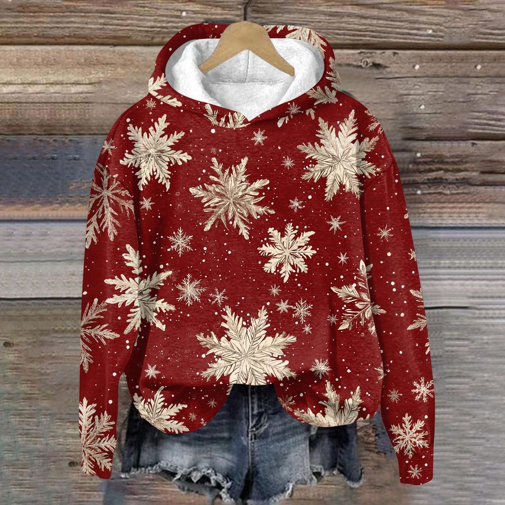 Damenmode Langarm Weihnachtsprint Lockerer Kapuzenpullover Top