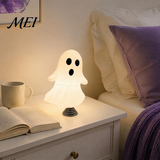 Dynamic Spring Ornament Cute Ghost Night Light with Base, USB Powered Mini Spooky Halloween Small Bedside Lamp Tree Topper LED for Party, Office Desk,