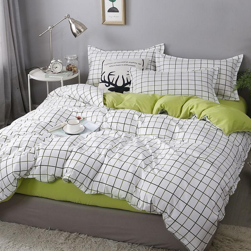 Korean Style Fashion Bedding Set Kids Adults Twin Full Queen Size Bed Flat Sheet Duvet Cover Pillowcases Stripe Grid Bed Linen
