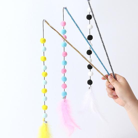 Cat Wand Colorful Feather Plush Balls Bite-Resistant Long Pole Comfortable To Grip Entertaining