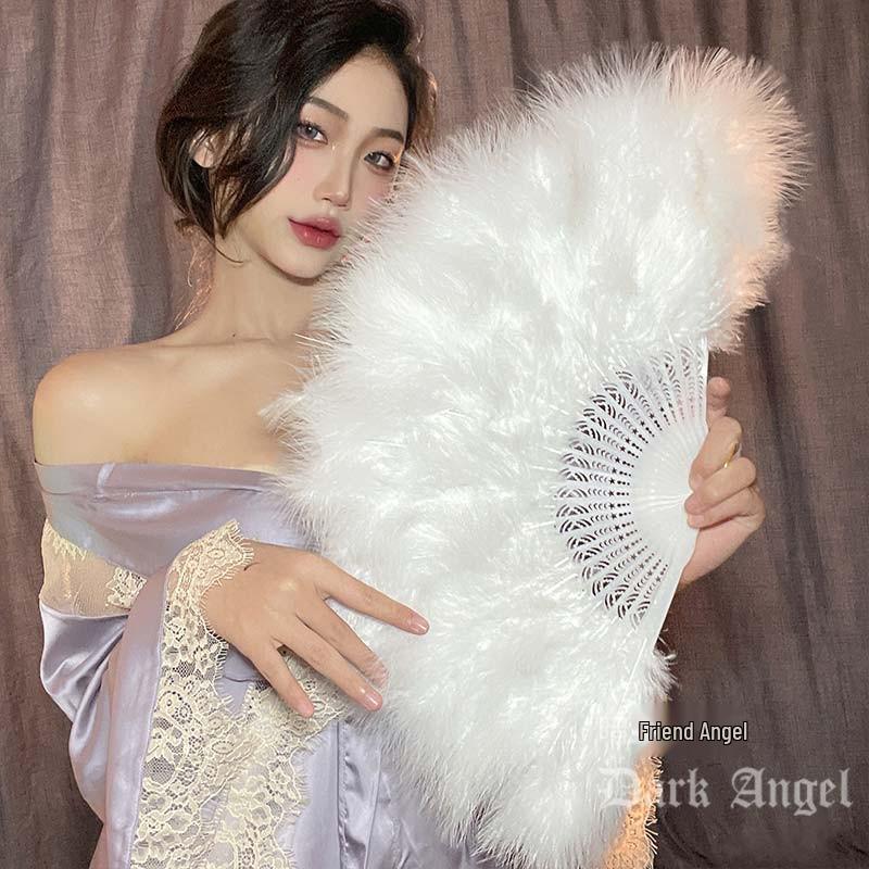 

White Goose Feather Fluffy Folding Fan - Qipao Night Dance Photo Prop, Ancient Shanghai Style