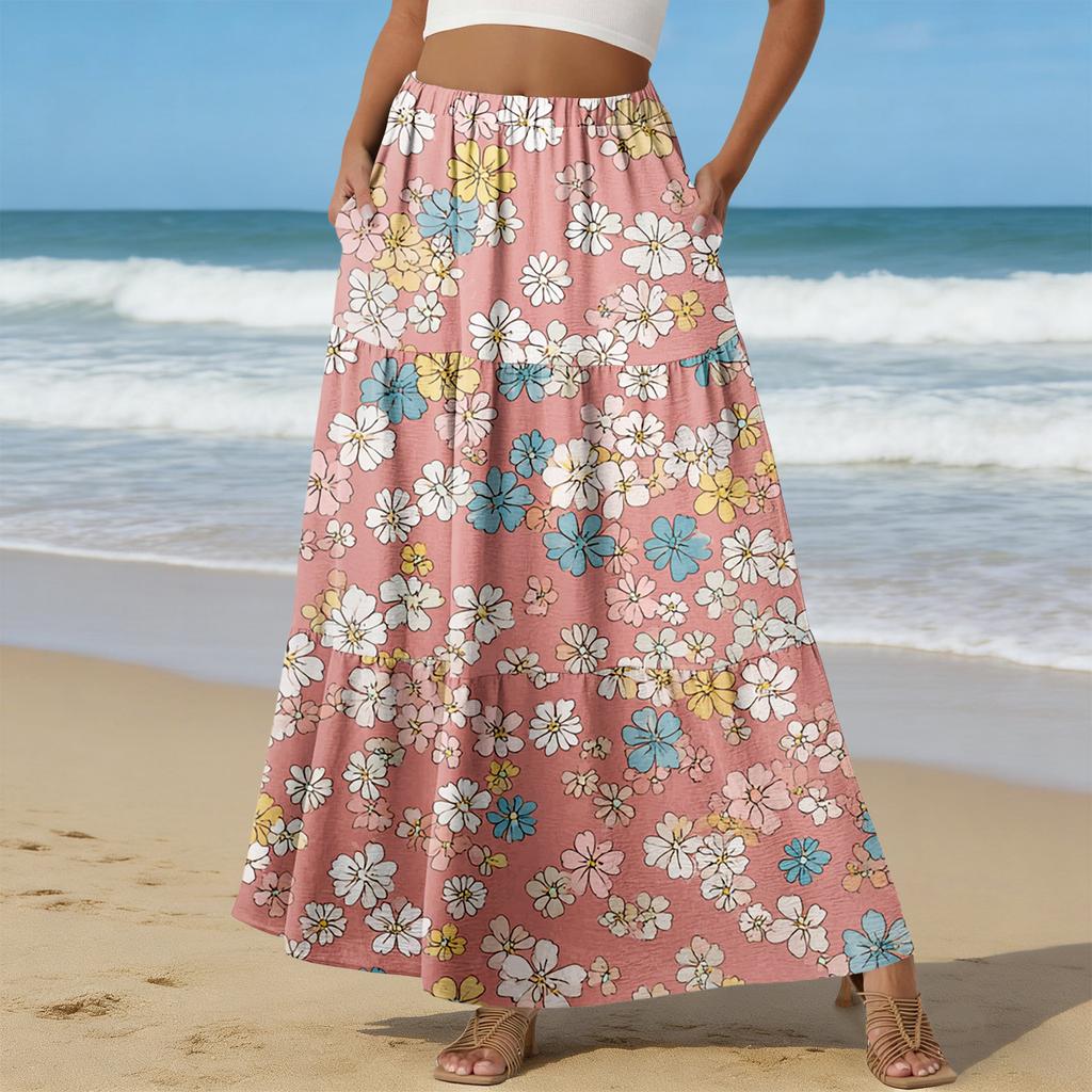 Women's Casual High Waist Drawstring A-line Skirt Color Skirt With Pockets