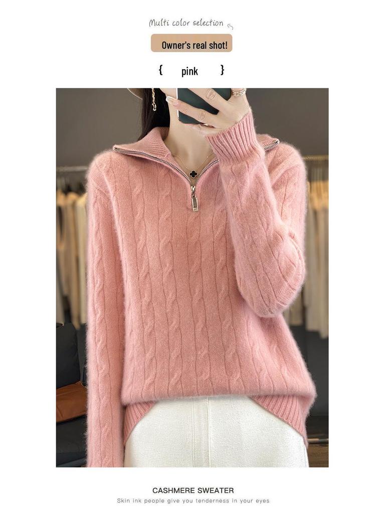 High-Neck Pure Wool Women's Slimming Cable Knit Cashmere Half-Zip Pullover Sweater