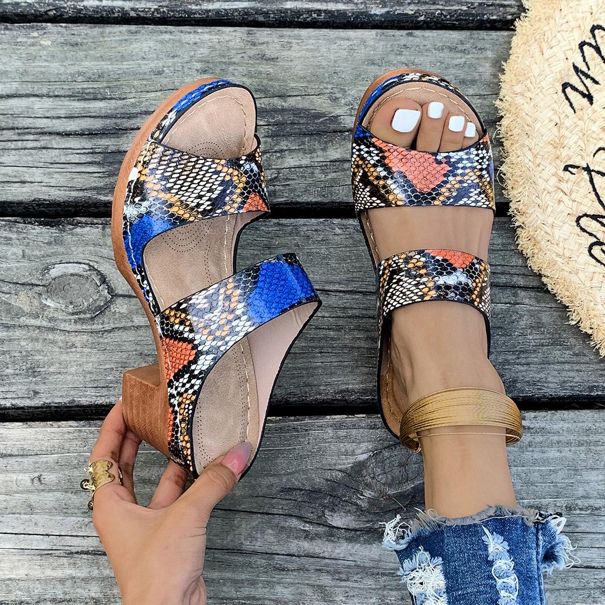 

Large size women s sandals leopard print thick high heel one word fashion sandals 43