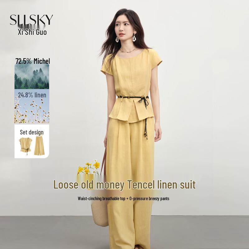 Sllsky Women s Relaxed Tencel Linen Short-Sleeve Shirt  Wide-Leg Pants Set 2XL