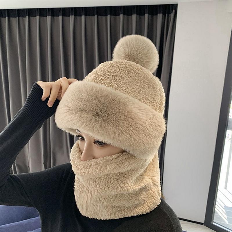 Hat Soft Winter Outdoor Knit Hat Women Wool Knitted Hat Ski Hat Sets Plush Fleece Windproof Thick Scarf Collar Warm Pullovers Masked Hats