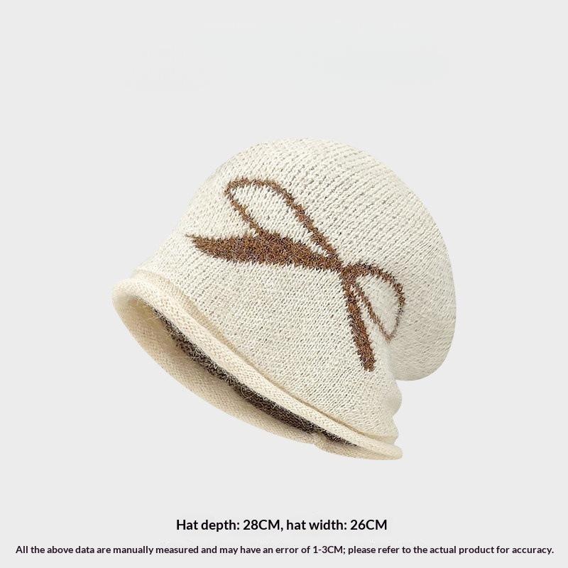 Cute Bow Pattern Knitted Slouchy Beanie Soft Warm Big Head Friendly Cozy Hat for Girls Autumn Gift Option