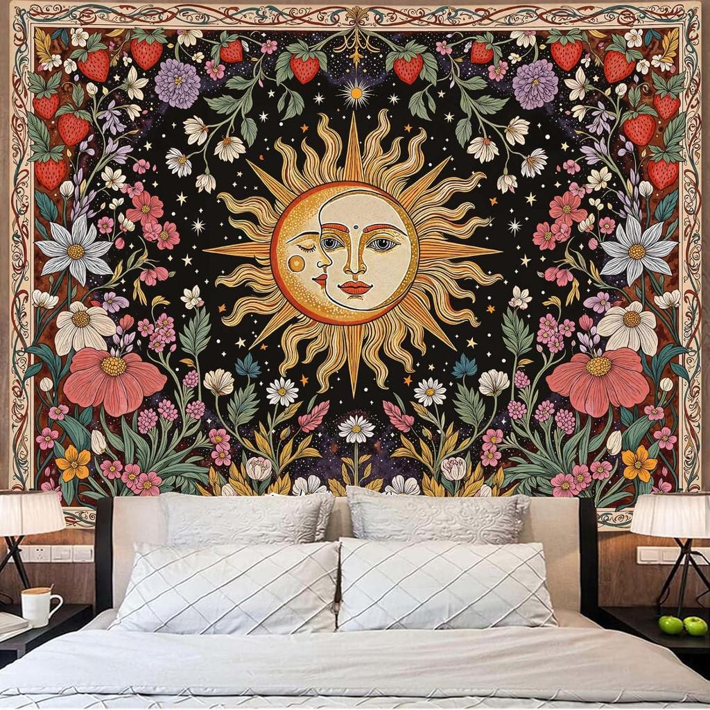 VIKAMA Boho Tapestry Featuring Sunflower and Astrological Wheel Wall Decor for Bedroom Dorm and Living Room with Bohemian Mystic