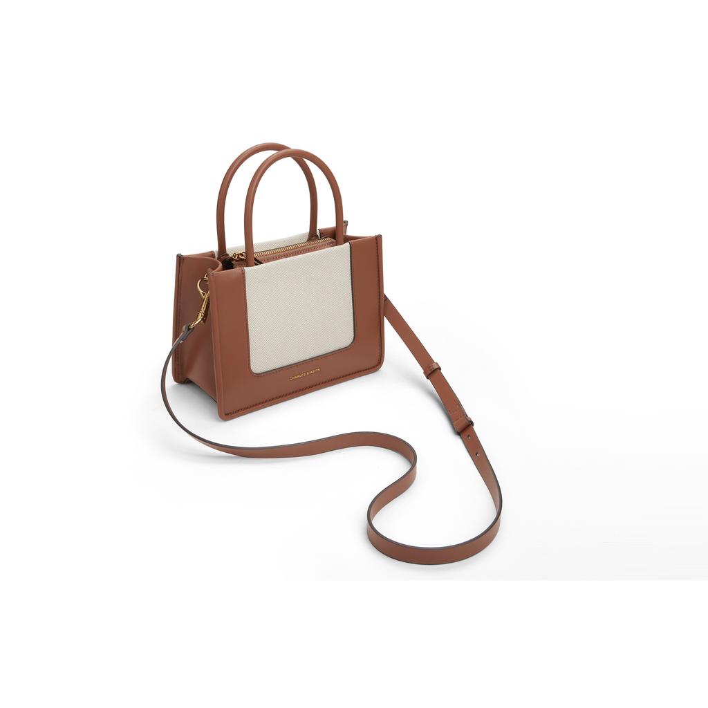 New CHARLES&KEITH PU/fabric Shoulder Bag, Crossbody Bag, Handbag Medium Size Women's Dark Denim Blue/Tan Tea Brown CK2-30701396-1-NEW