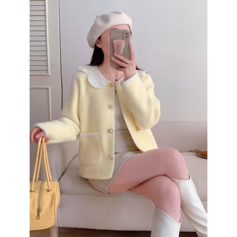 

Весенний новый вязаный кардиган из искусственного норкового бархата, мягкий, восковой, свободный, с отделкой, свитер-жакет женский one size fits all жёлтый