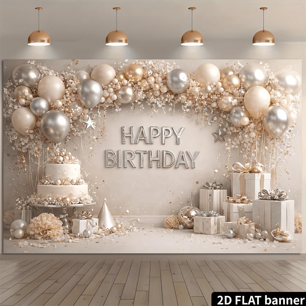 2D plane gold and silver balloons birthday party background fabric, champagne-colored balloon cake box, durable polyester
