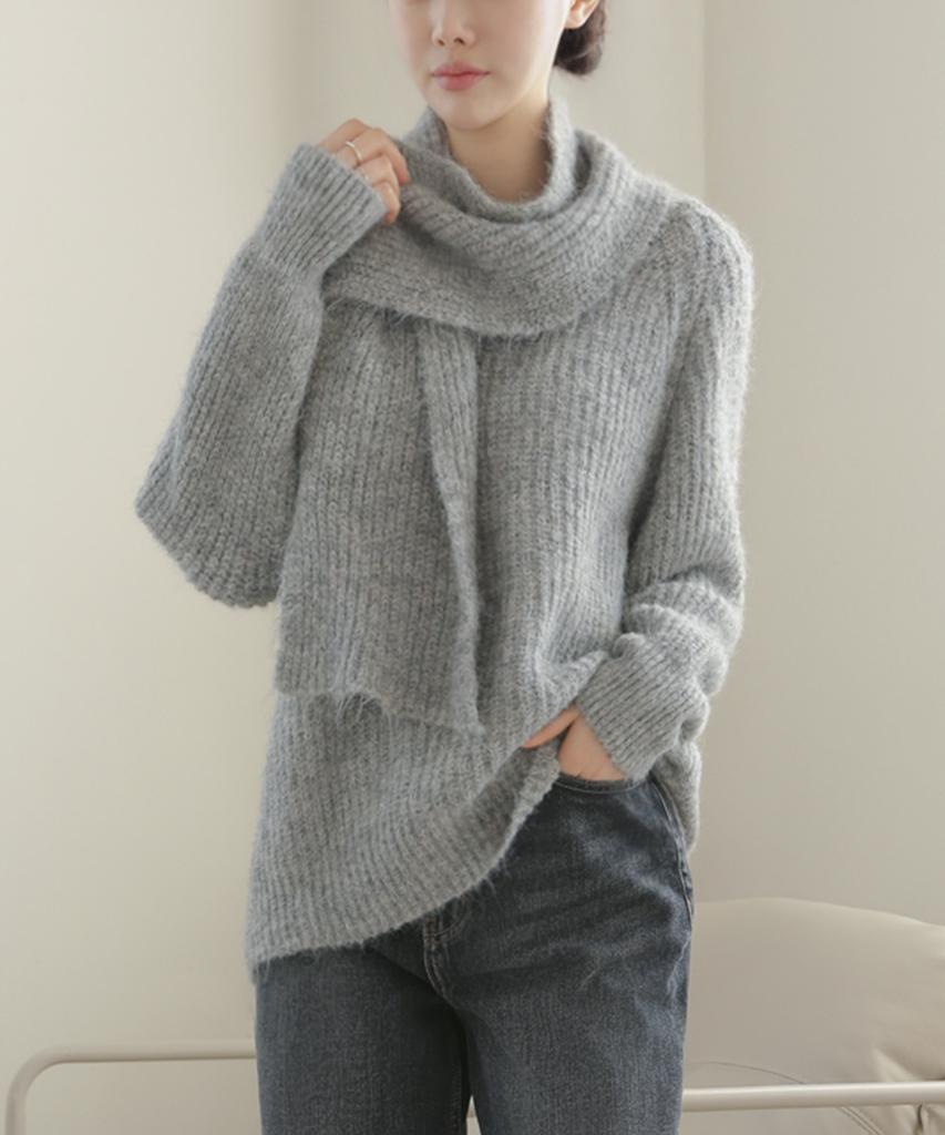 Keulleiseu Button Scarf V-Neck Knit_Beige