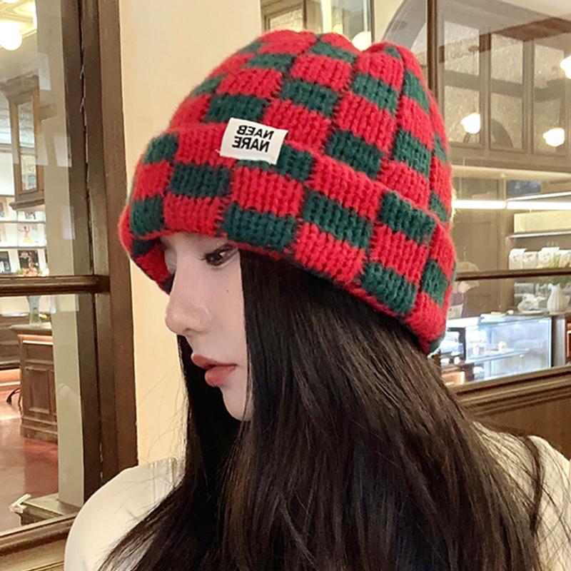 Checkerboard Plaid Knitted Hat For Women Autumn And Winter Korean Style Wool Hat Japanese Style Face-Enhancing Small Hat