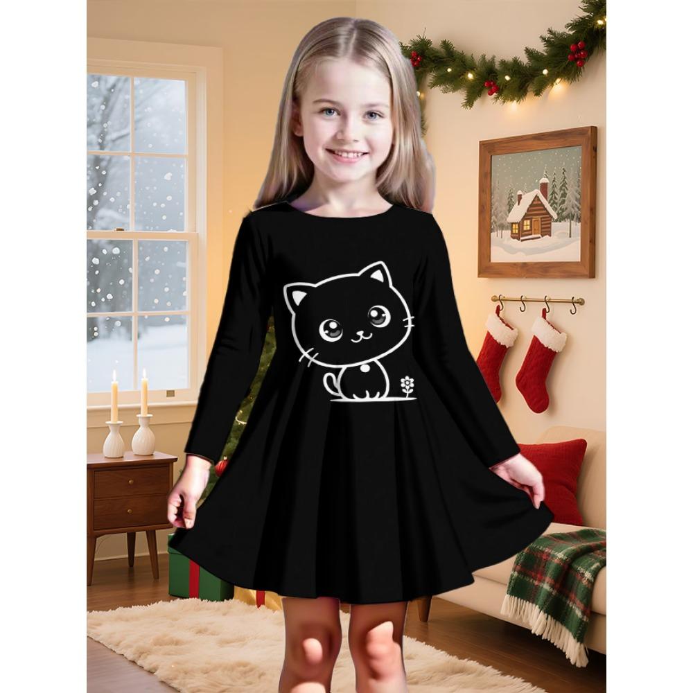 Girls' 3D Outline Kitten Dress Long Sleeve Summer Spring Vacation Daily Holiday Princess Beautiful Sweet Kids 4-12 Years Casual Dress A Line Dress