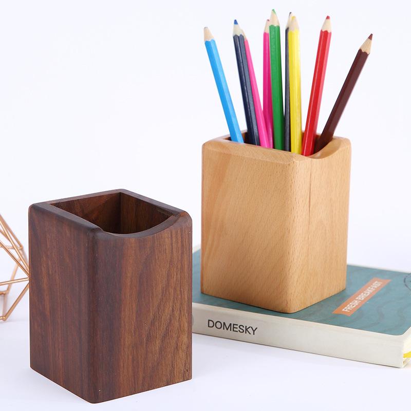 Wooden Square Pen Holder Stand with Exclusive Walnut Finish School Supplies for Office Use-Desktop Pencil Storage Box