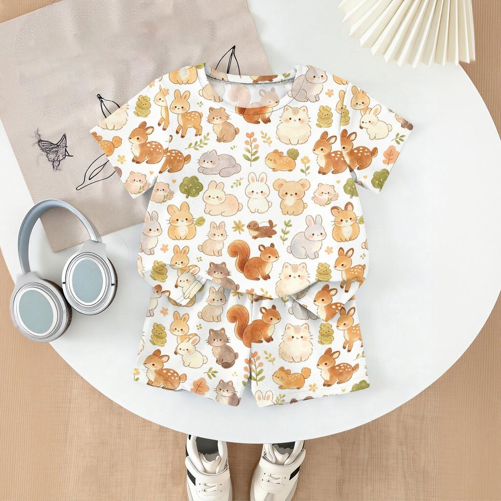 Kids Casual Short Sleeve Top and Shorts Set Animal Print Soft Comfortable Lightweight Summer Outfit for Boys and Girls