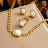 DIEYURO 316L Stainless Steel Square Large Pearl Necklace Earrings Ring For Women Girl New Party Gift Fashion Jewelry Set Bijoux