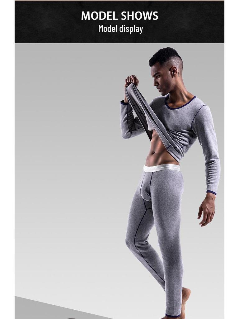 Men's Thermal Low-Neck V-Neck Cotton Suit: Velvet-Lined Sweater & Pants for Autumn/Winter