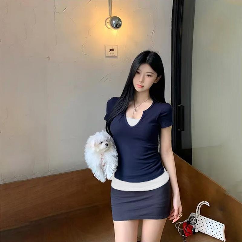 

Ретро футболка из двух частей с цветными блоками, длинным рукавом - летний облегающий дизайн с прямыми плечами S (recommended for 80-95 jin)